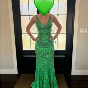 Green Sequin V-Neck Evening Gown